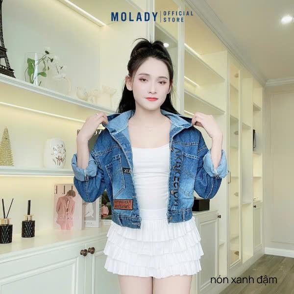 MOLADY - Áo Khoác Jeans Nữ Thêu Phối Da, Có 2 Phiên Bản Nón Và Không Nón, Vải Jeans Cotton Cao Cấp K55