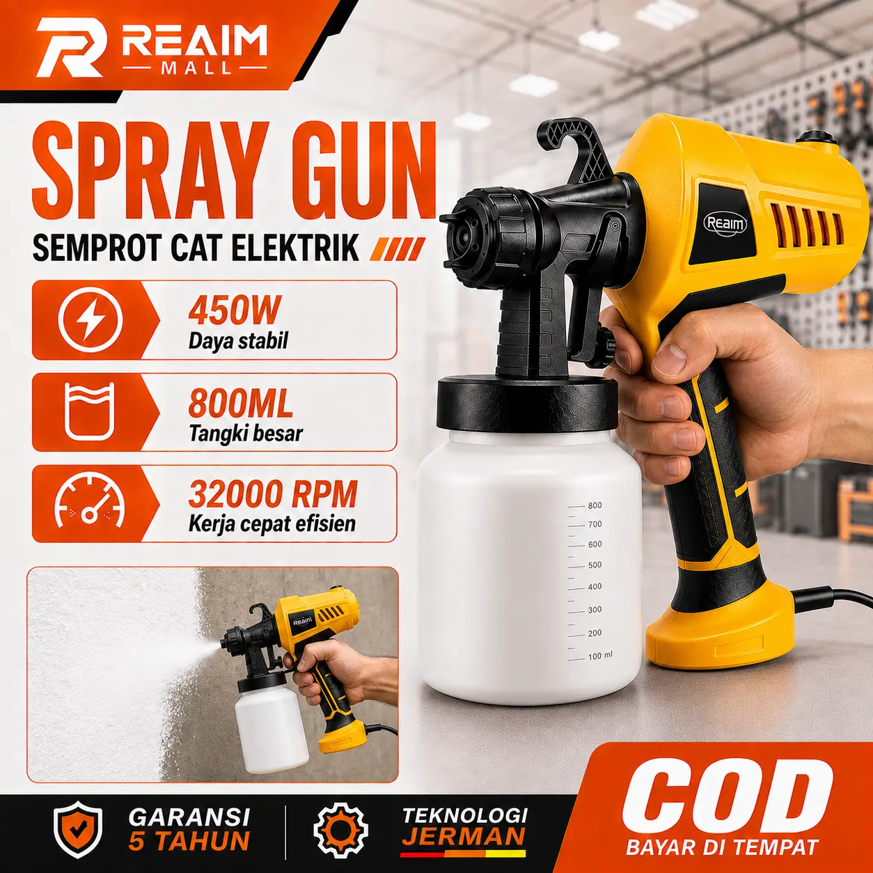 REAIM Re800ML Electric Spray Gun 450Watt, Mesin Cat Semprot Elektrik, Alat Semprotan Cat Listrik untuk Penggunaan Rumah Tangga Kecil, Atomisasi Tinggi, Tidak Bisa Digunakan untuk Minyak, Semprotan Cat Ryu yang Efisien dan Praktis