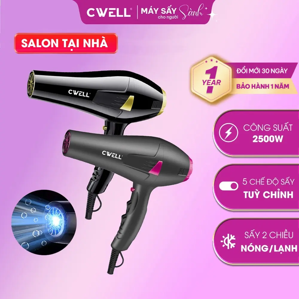 Máy sấy tóc cao cấp CWELL, 6 chế độ sấy kép, động cơ xoay chiều AC, sấy công suất 2500W dây dài 2M2 tích hợp ngắt nhiệt nhanh và ánh sáng xanh, tạo kiểu cho nam nữ - BH 12 THÁNG -C06HD