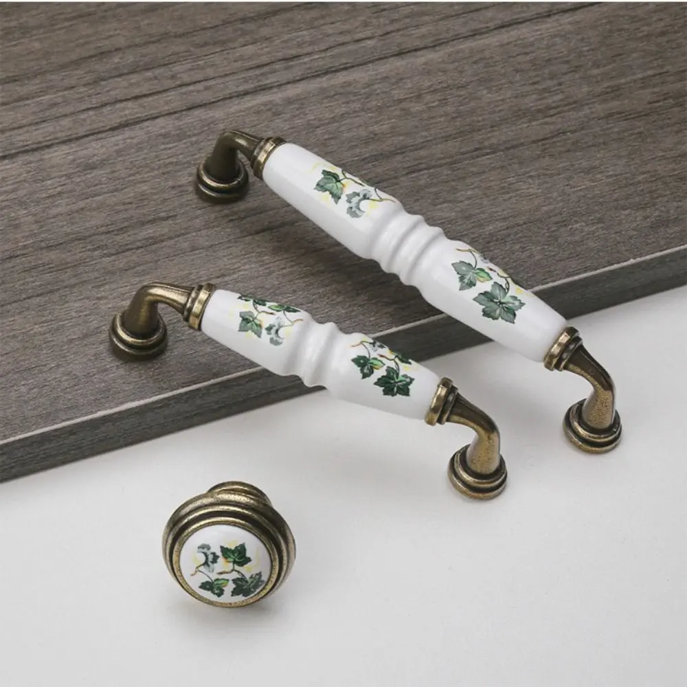 Retro Zinc Alloy Ceramic Cabinet Handles Bronze Antique Wardrobe Door Handle Green/Red Leaves Vintage Drawer Knobs Closet Dresser