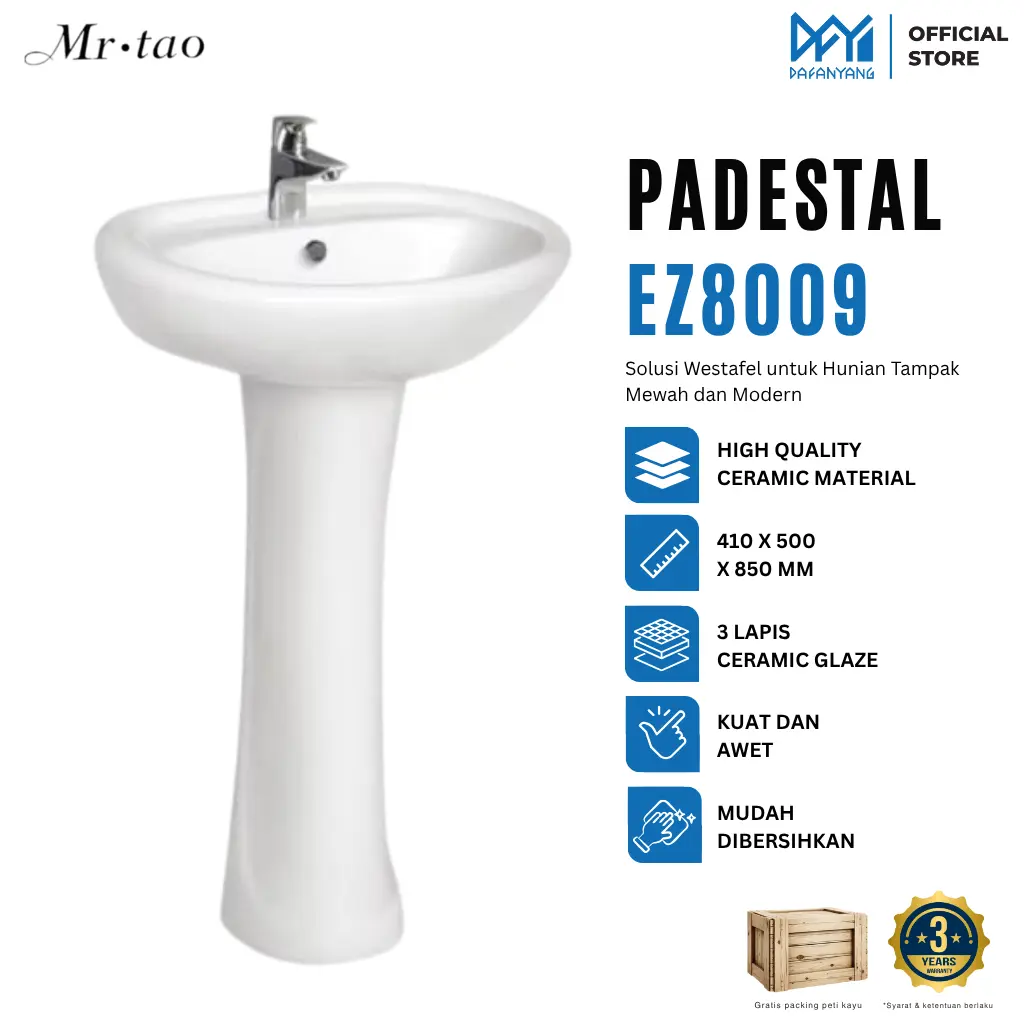 Mr. Tao Wastafel Kaki 1 Set | Pedestal Wash Basin Minimalis | Tempat Cuci Tangan Elegan untuk Rumah, Hotel & Toilet Mall