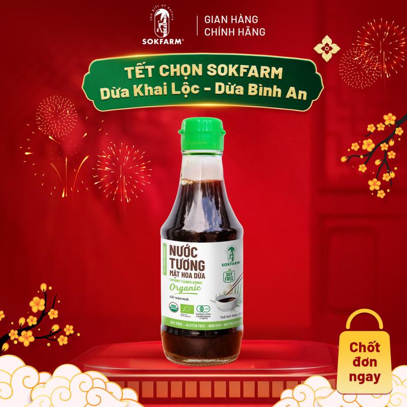 Nước Tương Mật Hoa Dừa Hữu Cơ Sokfarm 200ml | Dòng Ít Muối - Không Từ Đậu Nành Không Gluten Ít Mặn Làm Gia Vị Nấu Ăn
