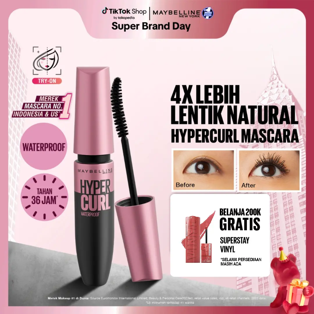 MAYBELLINE Volume Express Hypercurl Waterproof Mascara 9.2 ml Maskara Eye Make up Bulu Mata Panjang Tebal Tahan
