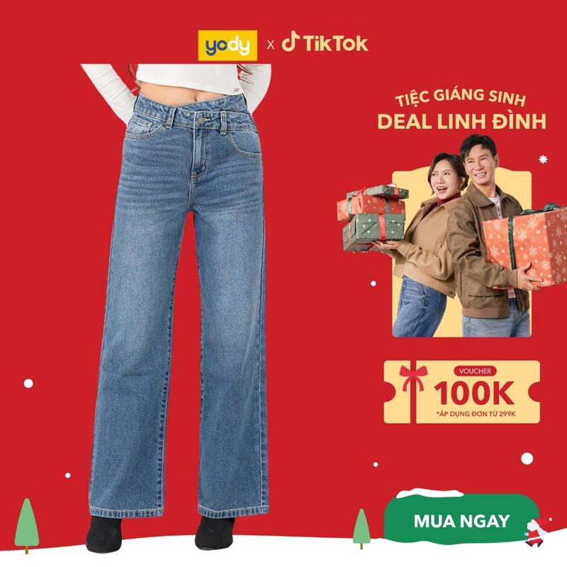  YODY Quần Jeans Nữ Dáng Suông Ống Rộng Cạp Chéo QJN6018 