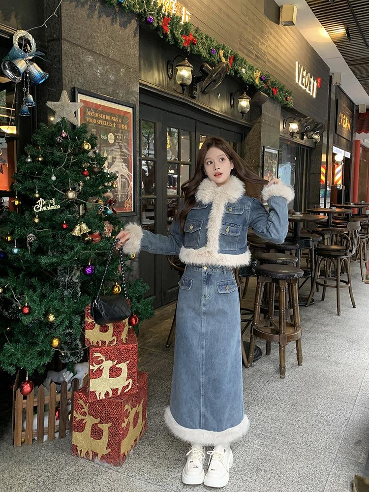 Product Introduction of Fujia Qianjin-Áo Khoác Denim Chần Bông Dày Lót Lông Cừu Cho Nữ, Váy Cạp Cao, Trang Phục Thời Trang Mới Mùa Đông 2023 30