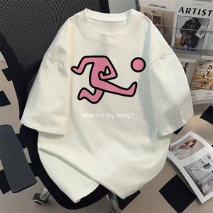 女性用半袖Tシャツ、英語のかわいい柄プリント、丸首、ゆったり、純綿のカジュアルな上着、丸首、ショルダーベルト、ゆったりとしたシルエット、通気性、肩落ちデザインプリントTシャツ夏のゆったりタイプ