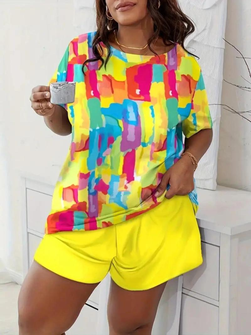 Product Introduction of Plus Size Graphic Print Summer Clothes Set, Casual Round Neck Short Sleeve Tee & Elastic Waist Shorts, Women's Two-piece Outfits, Co ord Set Summer 8