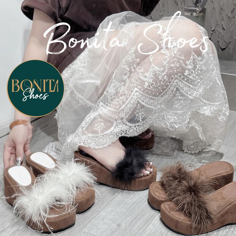  N4 Dép Đế Xuồng Nữ Lông Vũ Tiểu Thư Cao 7CM - Bonita Shoes DX407 