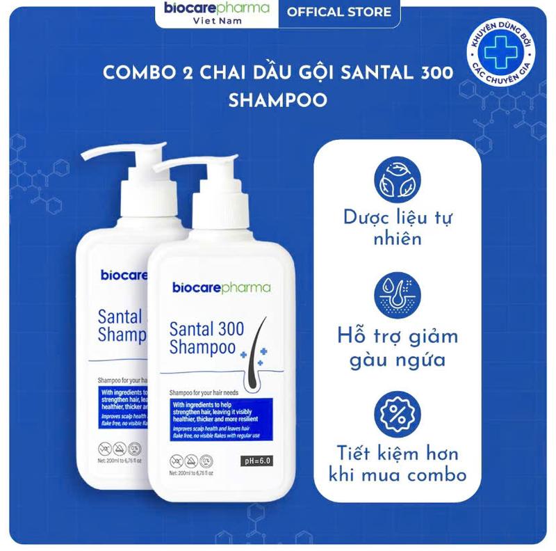 Bộ 2 Chai Dầu Gội Dược Liệu Gàu & Nấm Santal 300 Shampoo 200ml Biocare Pharma Ngăn Ngừa Gàu Ngứa Quay Trở Lại pH 6.0