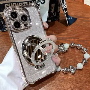 Case HP khusus untuk iPhone/OPPO/VIVO/Redmi/Samsung/Infinix/Realme，Stand dengan Cermin - Bingkai Chrome Silver, Bening HD, Pelindung Sudut Ekstra + Full Cover Anti Jatuh untuk Wanita