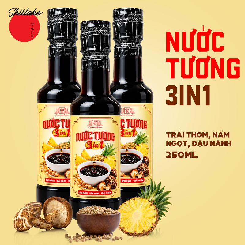 Nước tương Làng Chài Xưa 3in1 chai nhựa 250ml - trái thơm đậu nành nấm ngọt shiitake