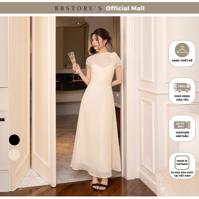 [BBSTORE'S] Đầm Xòe Tiệc Linen Dài Cổ Thuyền Tag Cài Hoa 3 Lớp - D4529T
