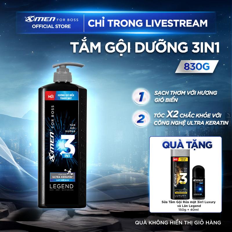 [COMBO MUA 1 ĐƯỢC 3] Sữa Tắm Gội Dưỡng 3in1 Xmen for Boss Legend 830g + Tặng 3in1 Legend 150g và Lăn Legend 40ml