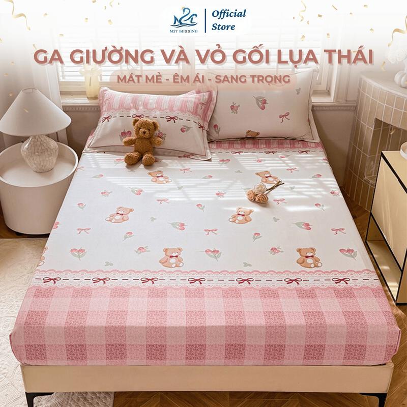 Bộ ga giường và vỏ gối lụa thái M2T BEDDING - bộ gồm 1 ga giường và 2 vỏ gối nằm, mềm, mịn, mát