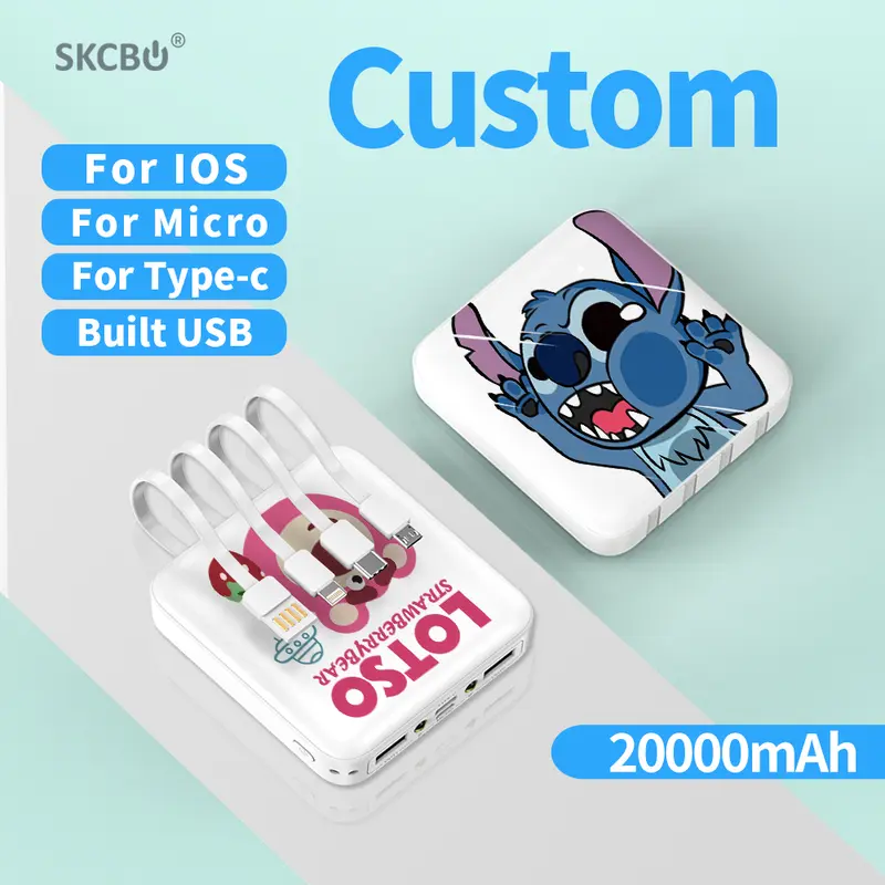 SKCBO Powerbank Custom 20000mah LED Kustom Power Bank built in cable Murah Lucu Mini Ori for iphone type-c micro 0