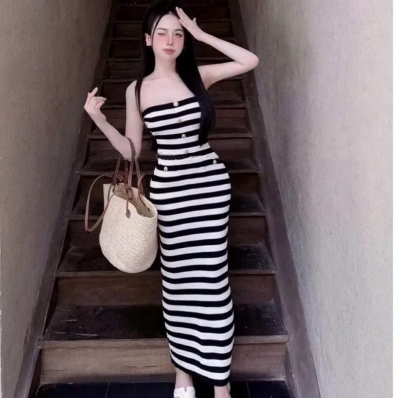  SM - Đầm body nữ kẻ sọc cup ống đính nút dáng dài mặc tôn dáng - Thun thun tăm H545 Váy boby  váy body nữ tôn dáng  váy xinh  váy đi tiệc  váy đi biển 