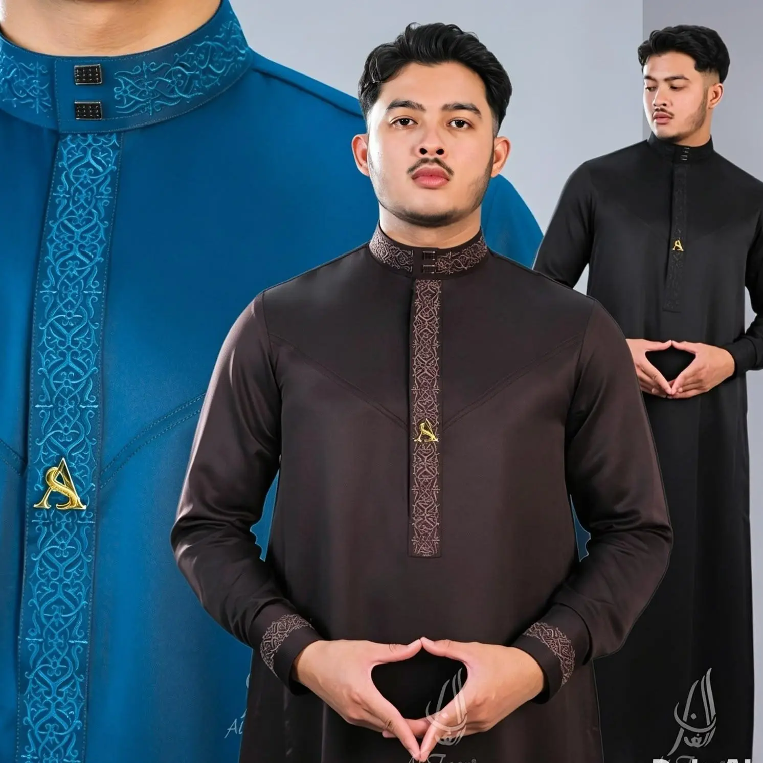 Jubah Slimfit ALKAHFI Gamis pria bordir kerah daun kemeja Jubah Pria Muslim jubah alfaan gamis pria polyester busana muslim jubah hitam jubah putih jubah lengan panjang Kancing Manset Polyester Dewasa