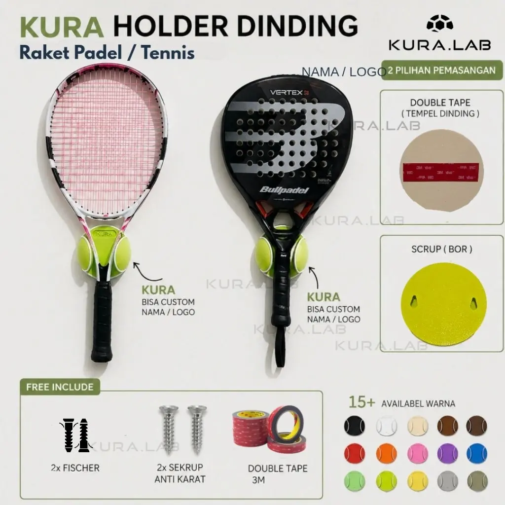 KURA Holder Dinding Raket Padel & Tennis Bentuk Bola – Wall Mount Raket Estetik + Double Tape / Sekrup
