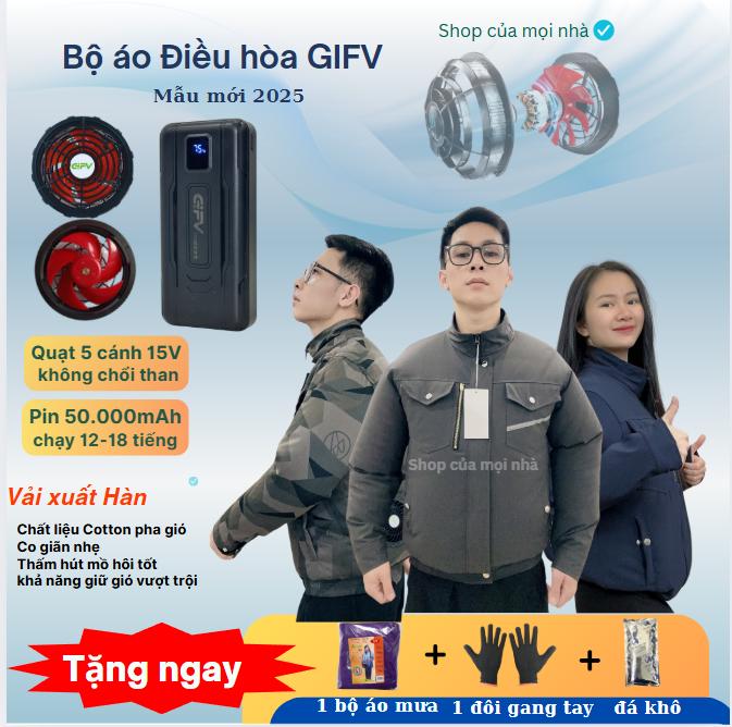 COMBO 2 áo + 1 bộ pin quạt Điều hòa  G!FV D2 ultra pro [ TẶNG: áo mưa+ Đá khô+gang tay ] Với dung lượng 50.000mAh chạy liên tục 12-18 tiếng tùy chế độ, quạt  5  cánh 15V với sức gió vô cùng manh mẽ, đem lại cảm giác mát rượi