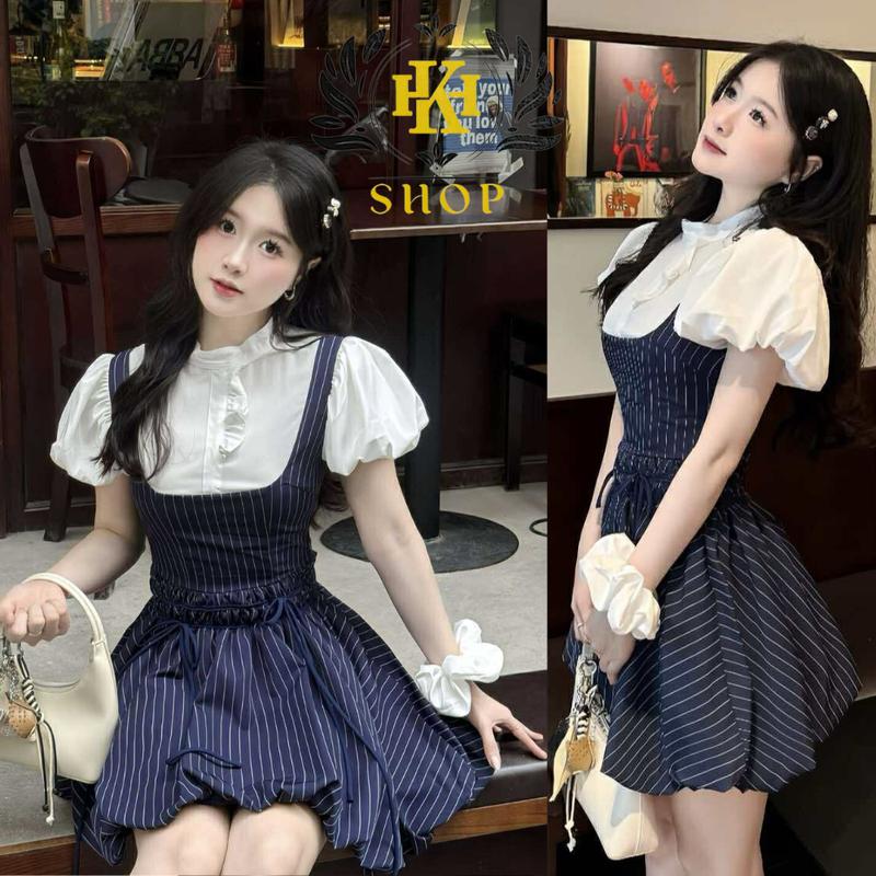 Set Váy Nữ Tặng Nơ Cột Tóc Váy Bí Phồng Phối Thô Tay Bồng Chất Vải Tuýt Kẻ Kèm Quần Bảo Hộ HK Shop