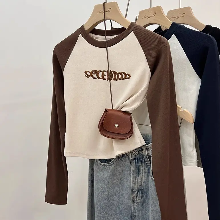 Kaos Raglan lengan panjang/Kaos crew neck warna kontras/Dongdaemun Korea Selatan