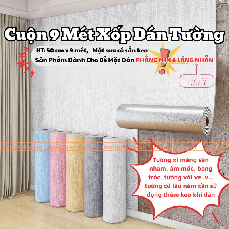 Cuộn xốp dán tường dài 9 mét ngang 50 cm, mặt sau có sẵn keo dán cho tường…