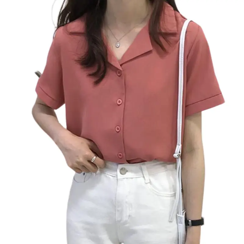 KEMEJA GAYA RETRO [LD86-96cm] KOREA Baju Lengan Pendek Polyester KEMEJA BASIC WANITA PUTIH KEMEJA HITAM