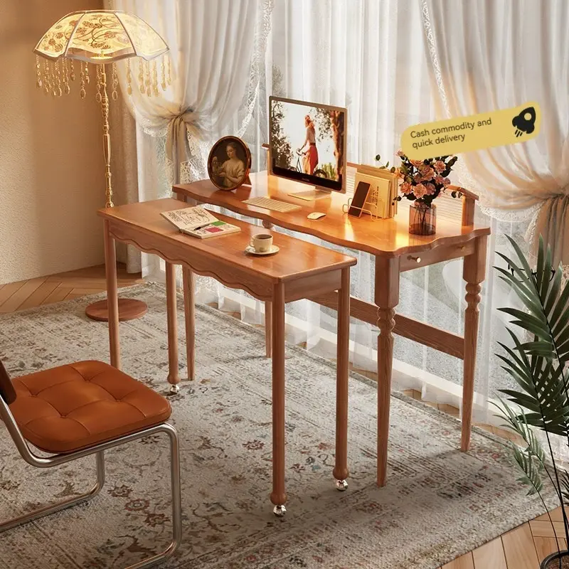 【Pre-order】Solid wood vintage desk double-layer combination, small study, telescopic desk, dressing table integrated multi-functional, movable