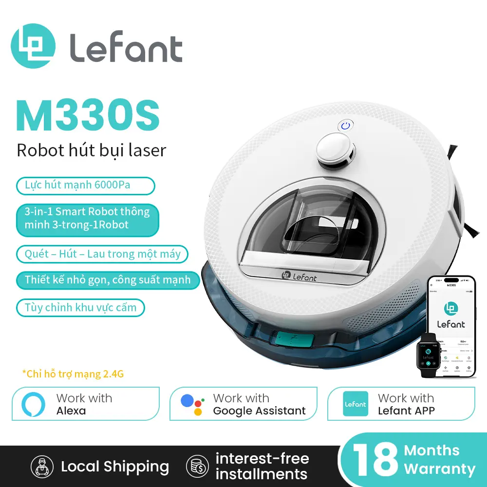 Lefant M330S/PRO 3-trong-1, 6000Pa, Pin 120 phút, Hộp bụi 520ml, Bình nước tích hợp, Điều hướng thông minh & Giọng nói