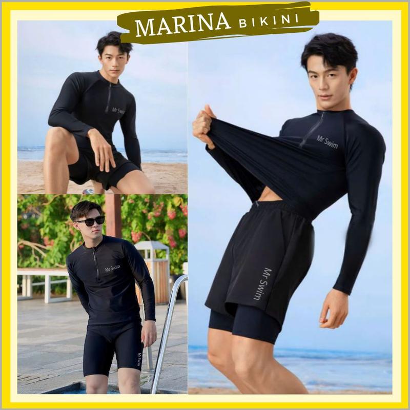 Bộ đồ bơi nam kín đáo quần 2 lớp áo tay dài và ngắn có khóa kéo đi biển phong cách thể thao Marina 043