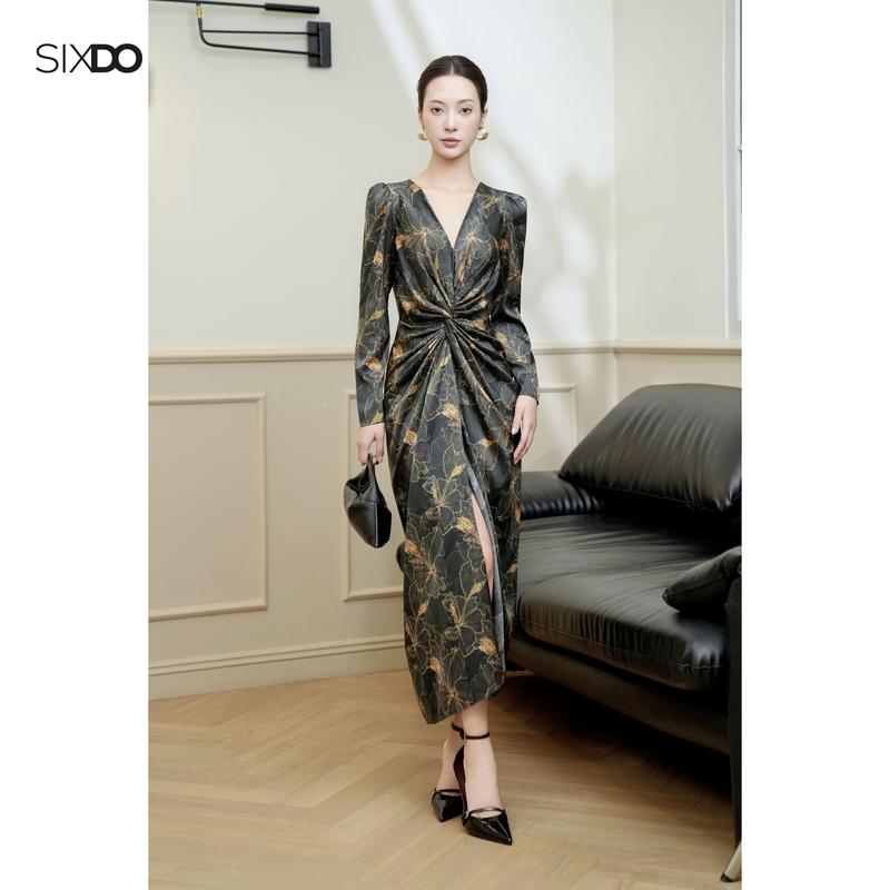  Đầm lụa họa tiết hoa xoắn eo SIXDO  Black Floral Silk Sarong Dress  
