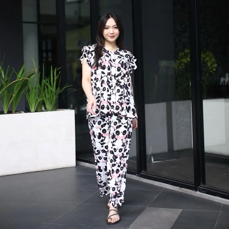 [DasterHitsMalang] One Set Aura Celana Panjang Lengan Rempel Lengan panjang Kancing Katun Rayon Baju Karet Wanita Setelan Pendek Motif Atasan Piyama
