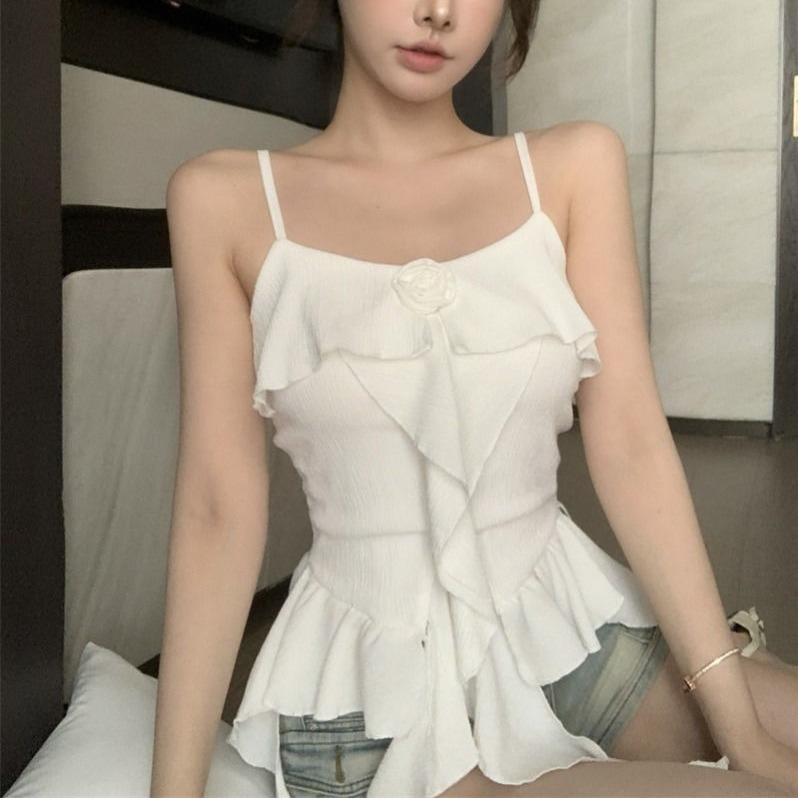 Áo Yếm Nhỏ Thiết Kế Xếp Nhún Hoa Ba Chiều Áo Ngắn Bất Đối Xứng Độc Đáo Mùa Hè Cho Nữ, Thích Hợp Mặc Ngoài Trời Top Women 0