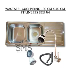 Bak Cuci Piring / Wastafel Dapur 2 Lubang Sayap Stainless 120x45 Cm Free Selang + Afur + Kran Angsa