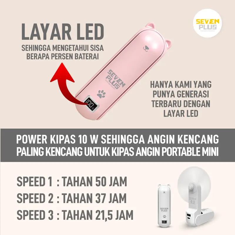 Seven Plus Kipas Angin Mini Portable Original 4800mAh Layar LED Multifungsi 4 in 1 kipas angin kecil portable fan mini pocket fan kipas angin lipat kipas angin meja kipas angin super mini premium berkualitas kipas angin tahan lama rechargeable fan 4
