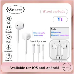 SAURY Y1 Headphones Untuk iPhone 14 15 Wired Bluetooth Earphones 13 12 11 Pro ax XR 7 8 6 6s Plus Type-C In-Ear Stereo Earbuds HiFi Sound Quality