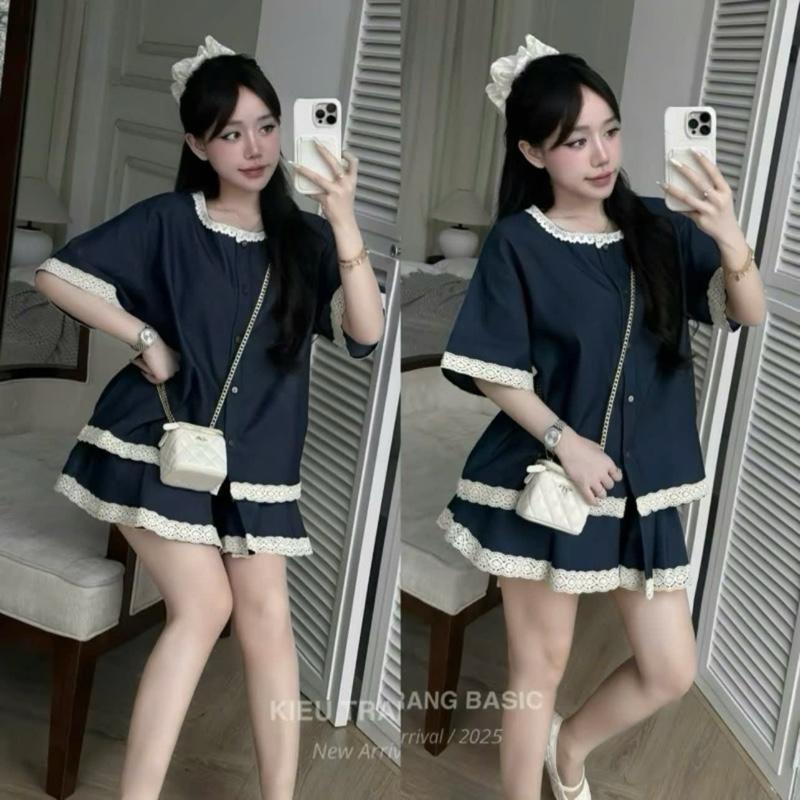   Bèo Béo Bigsize   Set Bộ Jeans Áo Babydoll Viền Ren Phối Chân Váy Xoè Ren Form Bigsize 60-90Kg 