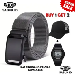 PROMO IKAT PINGGANG CANVAS BESI KEREN BONUS TOPI+JAM DIGITAL KEREN HARGA TERJANGKAU gesper