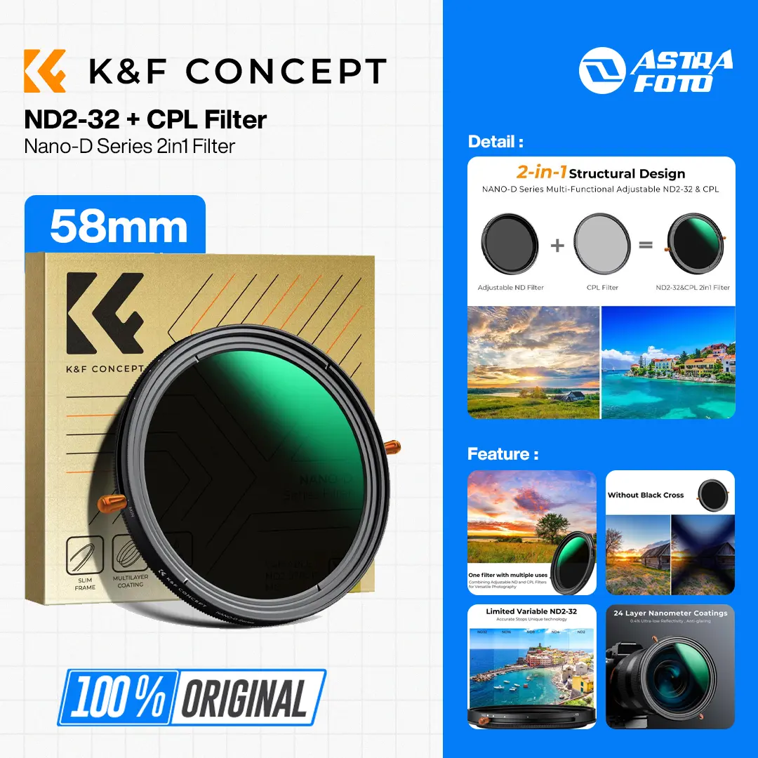 KNF Concept 58mm ND2-32 + CPL Filter Nano-D Series 2in1 Filter Lensa K&F Concept