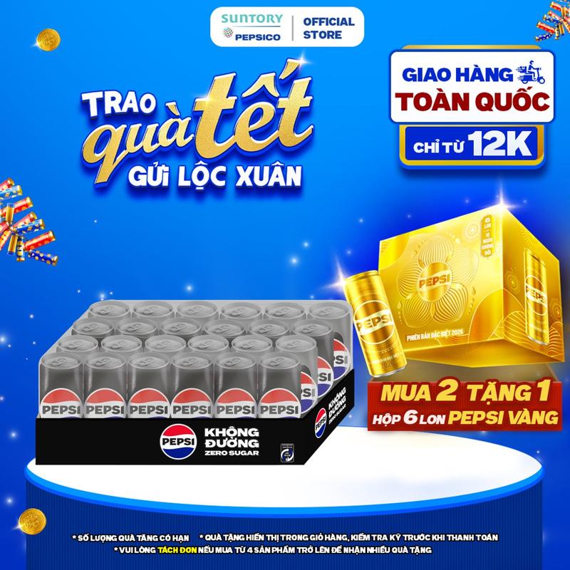 TẶNG PEPSI LON VÀNG Thùng 24 Lon Nước Ngọt Giải Khát Có Gaz Pepsi Không Calo Không Đường 320ml lon