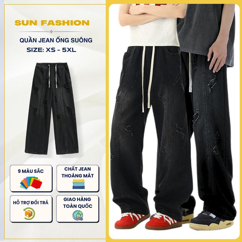Quần jeans ống rộng nam nữ SUN 09 màu Khói Rách thiết kế cạp chun dễ phối đồ, phong cách Hàn Quốc Menswear