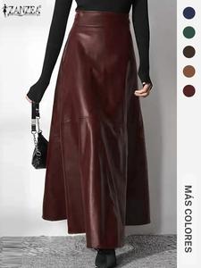 Falda de cuero PU de color sólido y cintura alta en línea A para mujer, falda elegante y a la moda para uso diario y al aire libre, faldas para mujer para otoño e invierno