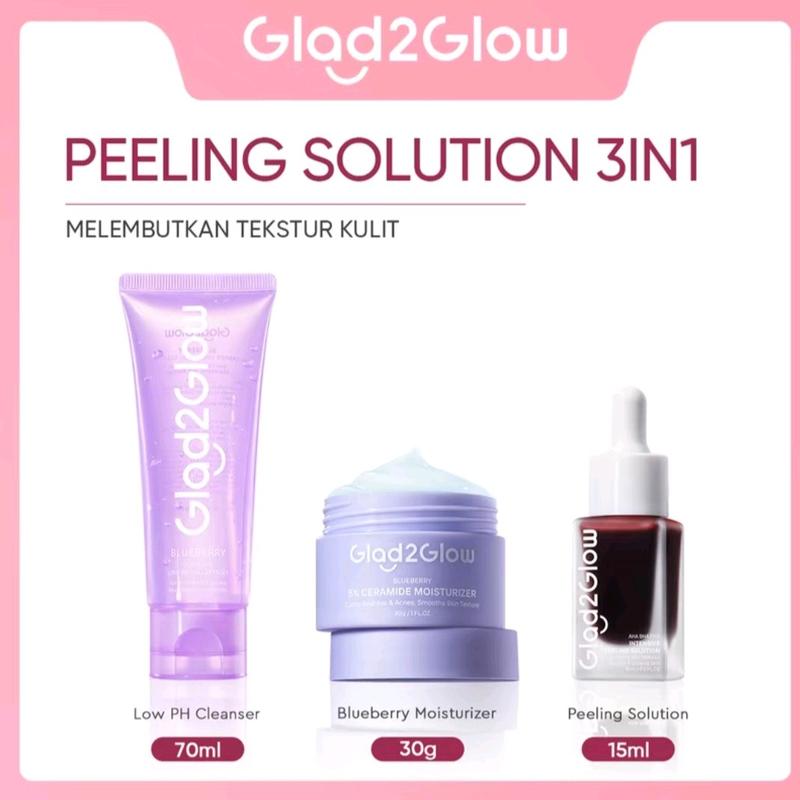 Glad2Glow bundle 3in1 Peeling Solotiom Exfoliathing +Moizturizer Blueberry + Facial Cleanser Blueberry Mencerahkan Extract Niacinamide Pha Mengencangkan Wajah g2g 0