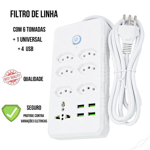 Filtro de Linha 7 Tomadas 4 USB Bivolt 10A Cabo 2 Metros Extensão Elétrica