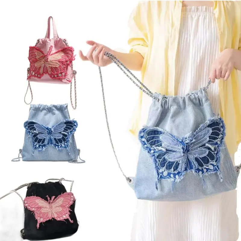 Tas Bahu Ganda Wanita dengan Gaya Simpel dan Elegan, Berhiaskan Pita Berlambang Kupu-kupu dan Aksen Fringe, Dilengkapi Rantai Jean dan Detail Sulaman. Selempang B197