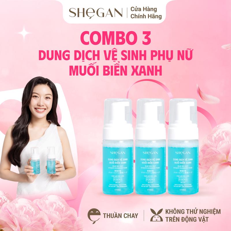 (MUA 3 TẶNG 1) Combo 3 Chai Dung Dịch Vệ Sinh Phụ Nữ SHeGAN 100ml - Thuần Chay, Tạo Bọt Tự Động Muối Biển Xanh, Khử Mùi, Làm Sạch, Phù Hợp Cho Mẹ Bầu Mẹ Bỉm