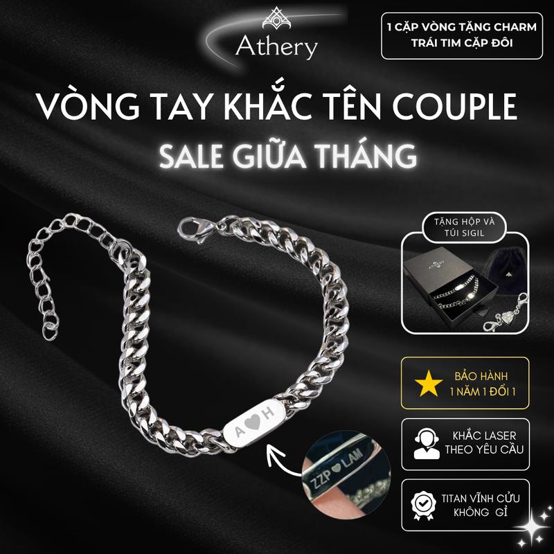 Khắc tên + Tặng hộp Vòng tay Nam Nữ Couple - Phụ kiện trang sức Unisex Athery không đen gỉ cho Cặp Đôi Titan Bền Bỉ Không Ra Ten tặng Người thân yêu - Khắc theo yêu cầu kèm hộp quà túi sang trọng