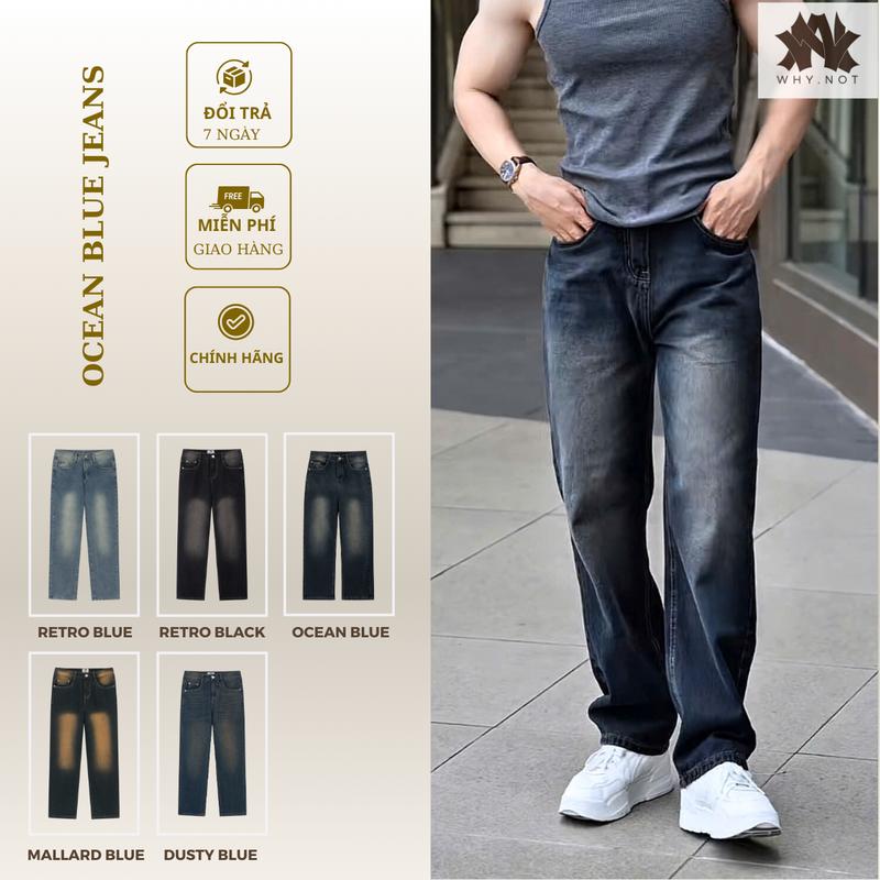 [WHY.NOT] Quần Jeans Form Regular Ocean Blue Wash - Quần Jeans Suông Màu Xanh Ghi Đậm - Quần Bò Ống Suông Wash Màu
