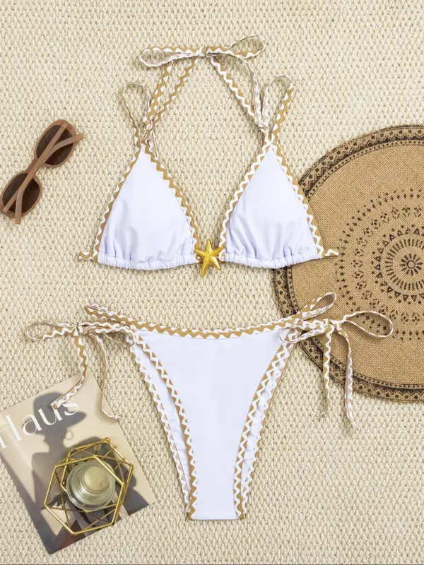 Women's Colorblock & Floral Patchwork Print Bikini Set, Swimming Costume Women, Casual Tie Back Triangle Swim Bra & Tie Side Swim Thong, Two-piece Swimsuit for Women Summer Beach Holiday Vacation Swimming, Bikinis Sets, Bathing Suits, Bikini Outfits 4