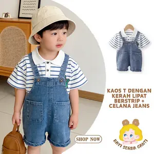 Bayi Serba Ganti Set Pakaian Anak Laki-laki Usia 0-4 Tahun Kaos T Berstrip & Celana Jeans Pendek Baju Setelan Lucu Import Berkualitas Tinggi